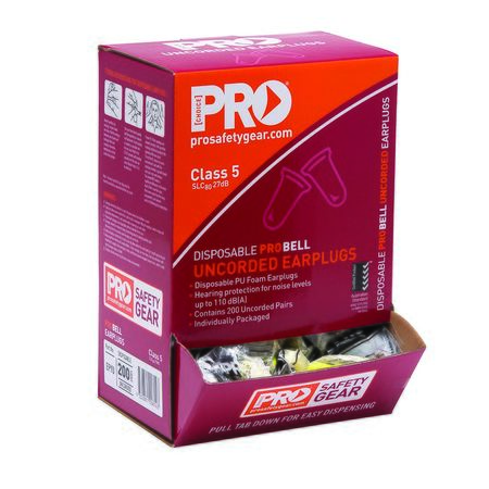 A box of PRO Safety Gear disposable uncorded earplugs, Class 5, shown in its retail packaging with the front and side panels visible and the lower tray open to show the earplugs inside.