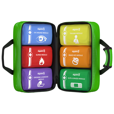 First aid kit with various modules on a white background