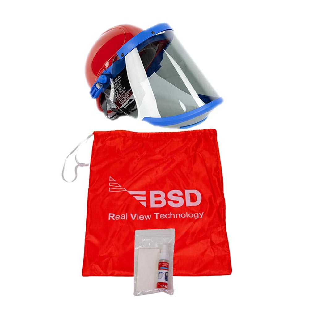Red helmet with clear face shield and blue rim on a red bag with BSD logo.