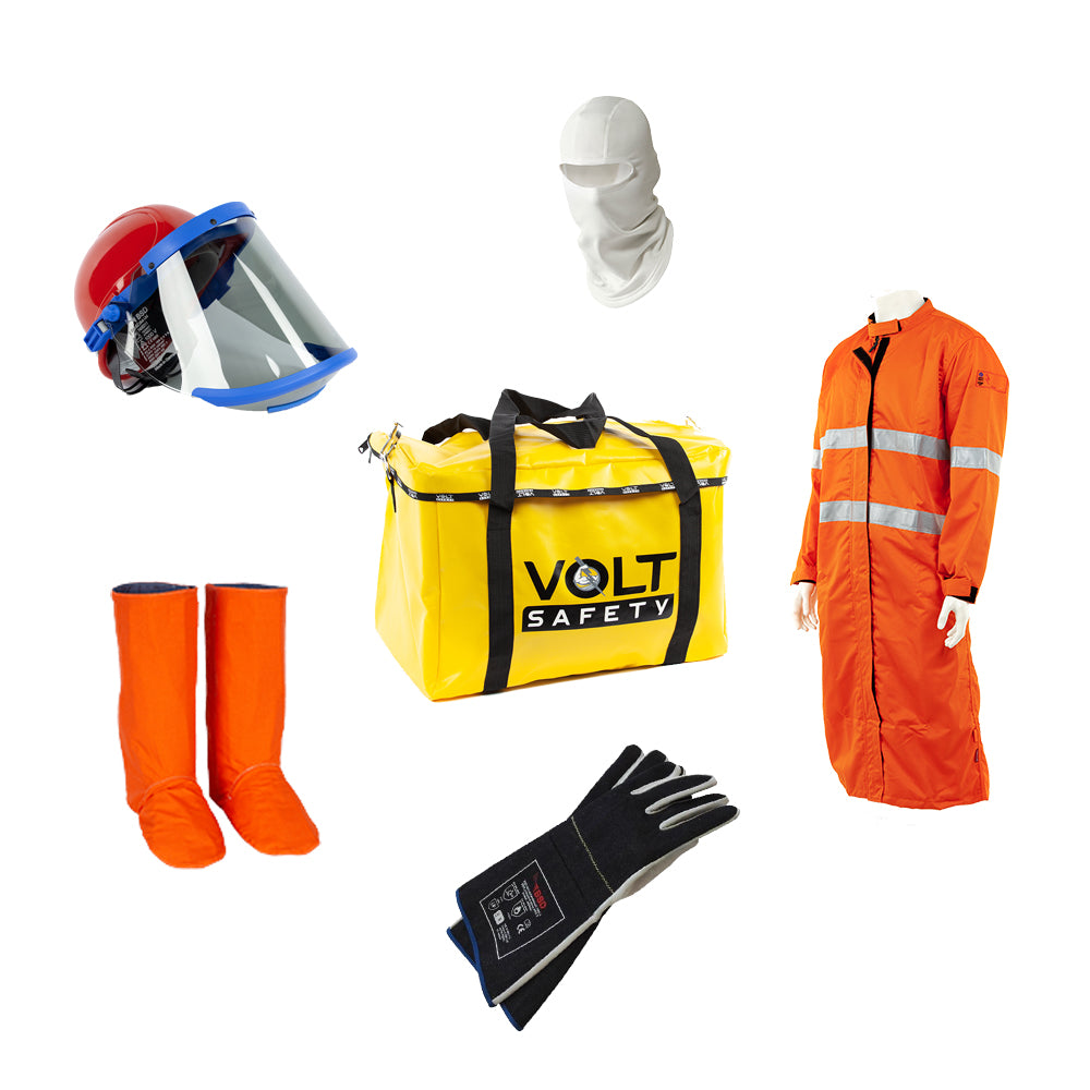 Collection of safety gear including a helmet, boots, gloves, coverall, and bag with 'VOLT Safety' branding on a white background.