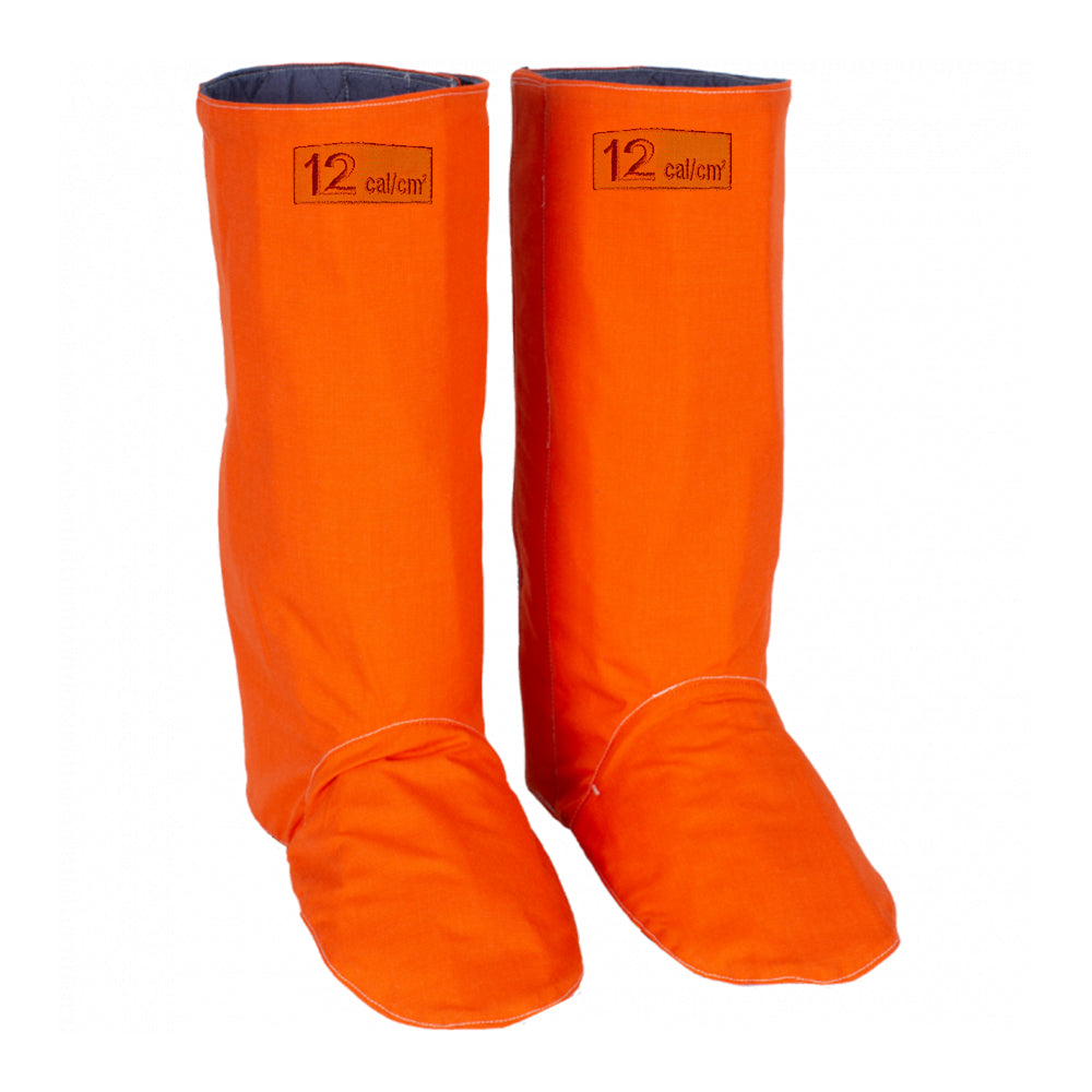 Pair of orange protective boots with a brand logo on a white background