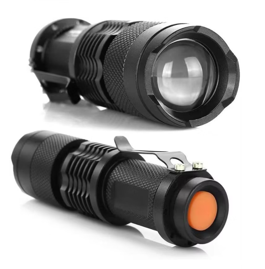Two black flashlights with orange accents on a white background