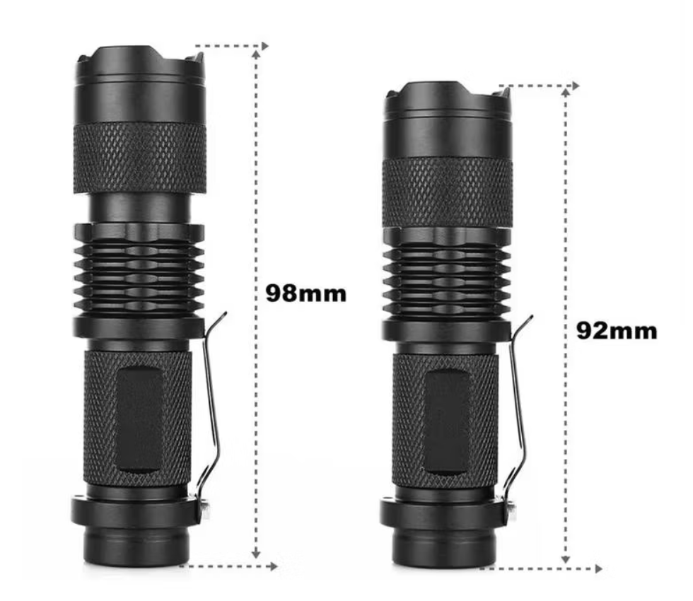 Two black flashlights with measurements indicated on a white background