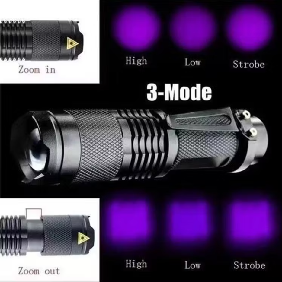Black flashlight with purple light output on a dark background