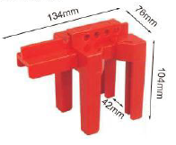 Red lockout device with durable ABS build and padlock holes.