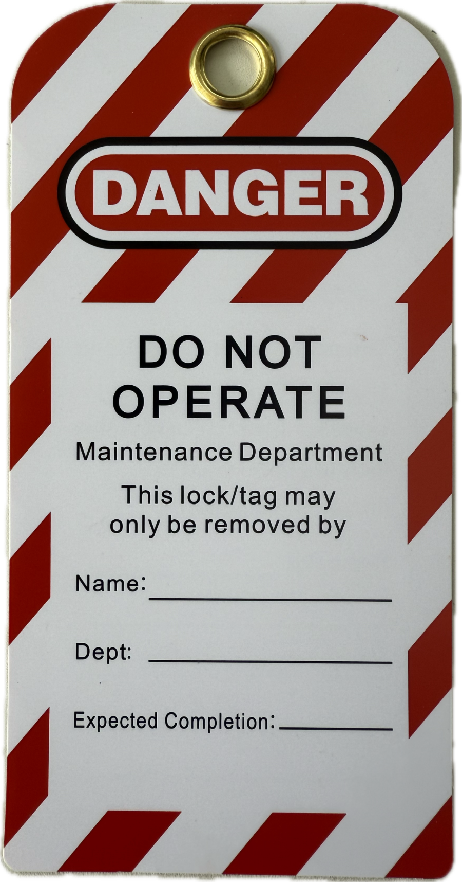 Safety tag with red and white striped border and 'Do Not Operate' warning text.