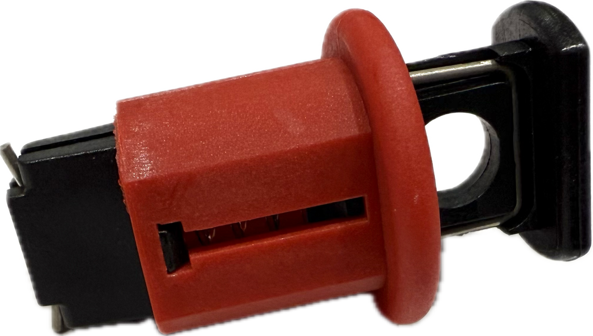 Red and black mechanical component on a white background