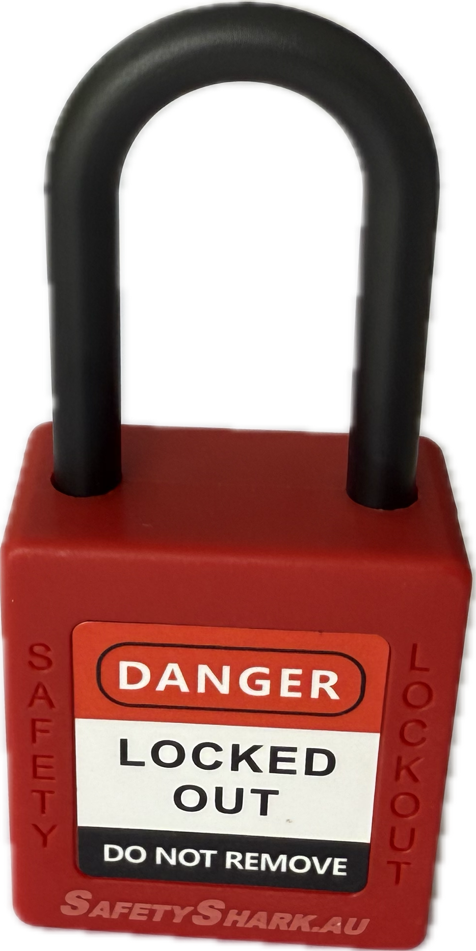 Red safety lock with black shackle labeled 'Locked Out Do Not Remove' on a white background