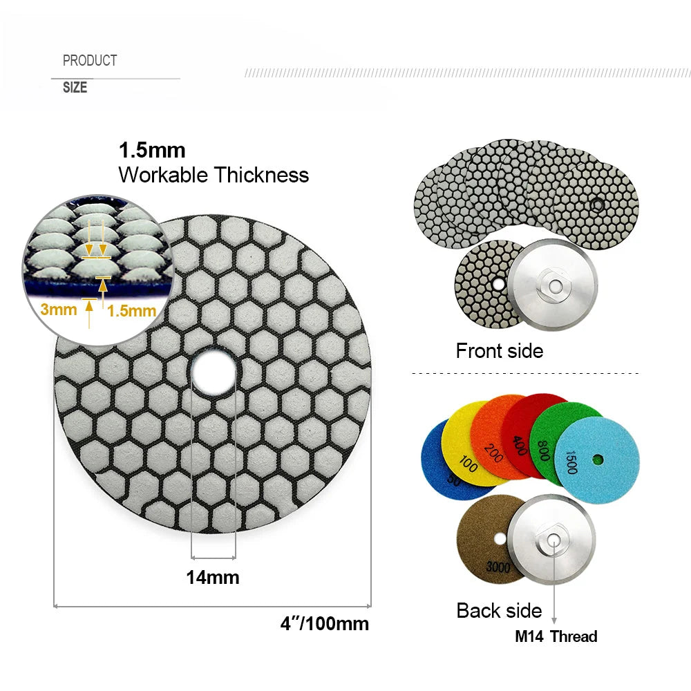 4″ Dry Diamond Polishing Pad Set for Granite & Marble – 7 Grits