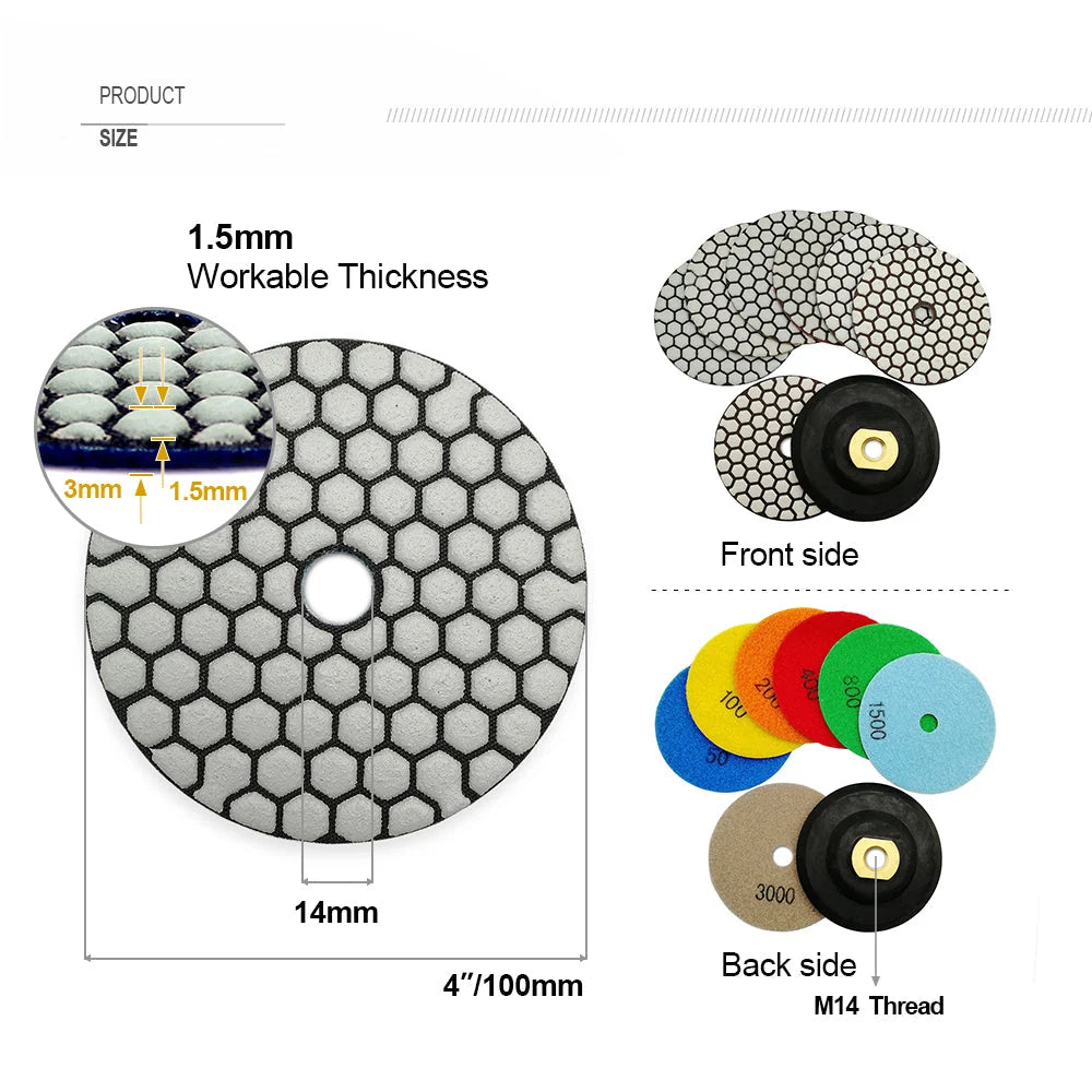 4″ Dry Diamond Polishing Pad Set for Granite & Marble – 7 Grits + M14 Backer