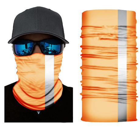 Orange and gray neck gaiter worn as a face mask with a person wearing it, and a close-up of the neck gaiter on a white background.