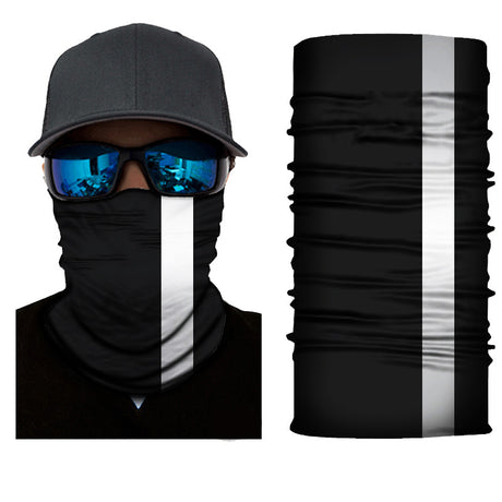 Black and white striped neck gaiter with a person wearing it and sunglasses.