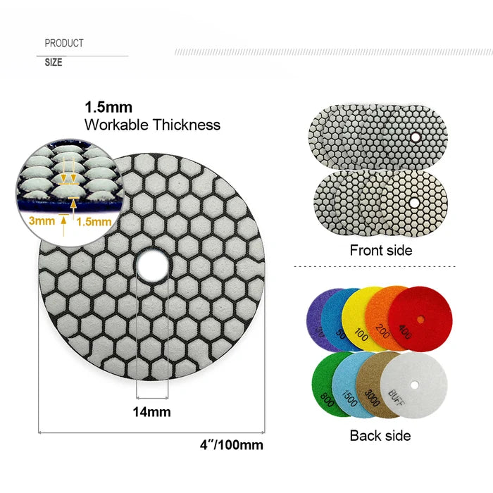 4″ Dry Diamond Polishing Pad Set for Granite & Marble – 7 Grits + M14 Backer