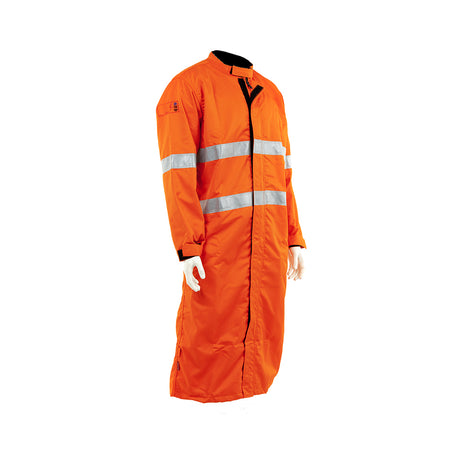 Orange safety coverall with reflective stripes on a white background