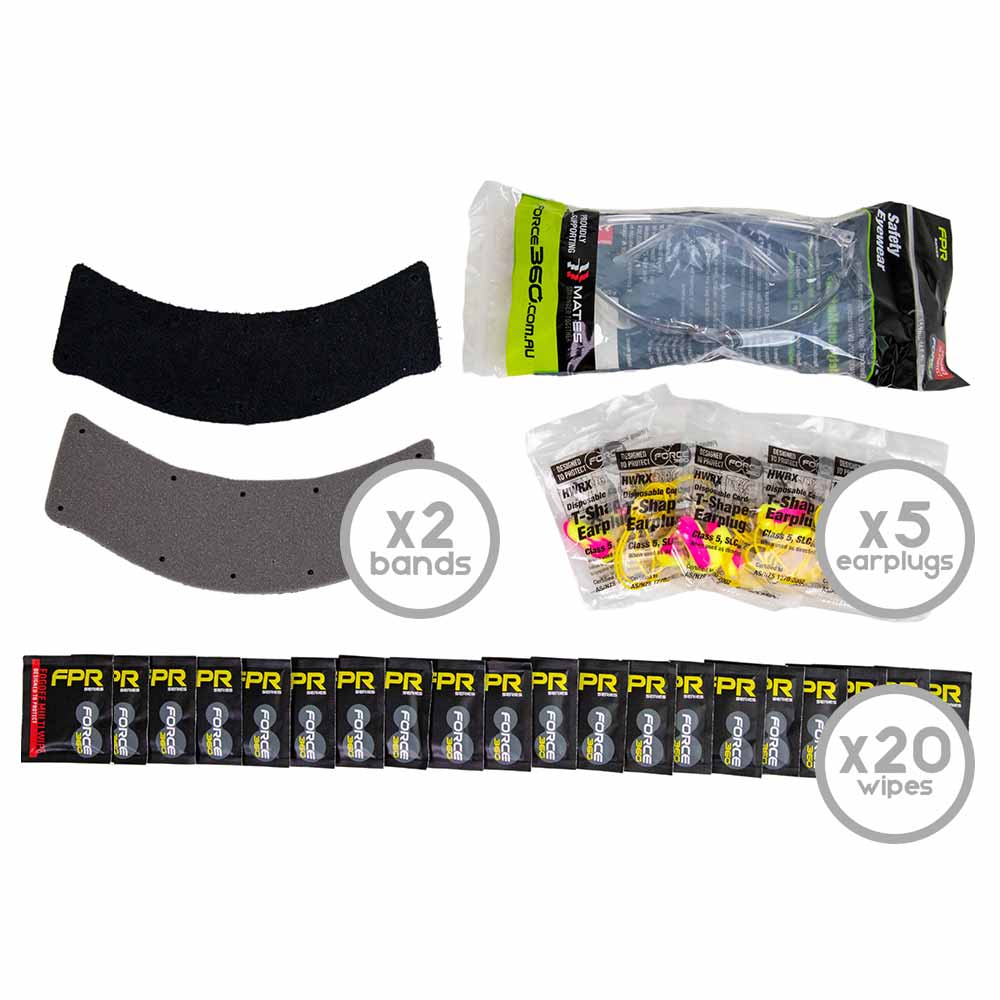 Collection of ear protection items including bands, earplugs, and wipes on a white background.