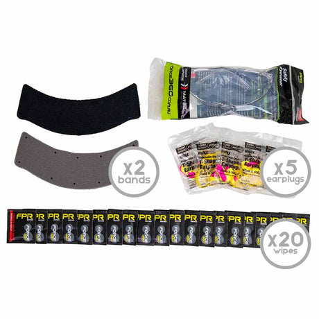 Collection of ear protection items including bands, earplugs, and wipes on a white background.