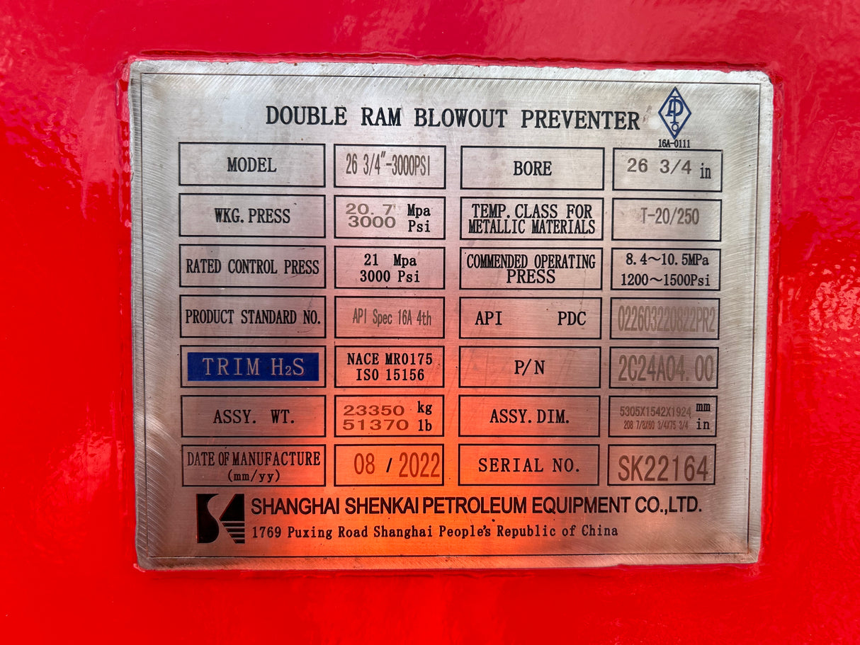 Pre-Owned 26 3/4″ Double Ram Blowout Preventer (BOP) – 3000 psi Rated