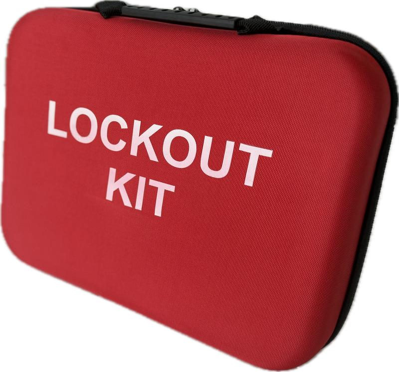 Red lockout kit case with 'LOCKOUT KIT' text on a white background