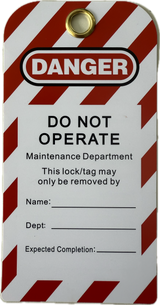 Safety tag with red and white striped border and 'Do Not Operate' warning text.