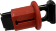 Red and black mechanical component on a white background