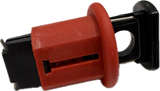 Red and black mechanical component on a white background