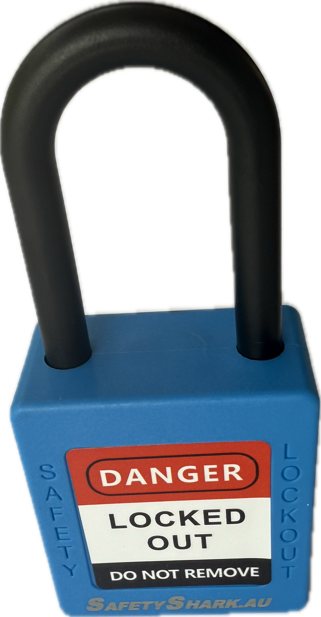 Blue safety lockout padlock with black shackle on a white background