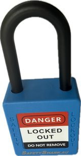 Blue safety lockout padlock with black shackle on a white background