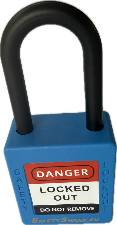 Blue safety lockout padlock with black shackle on a white background