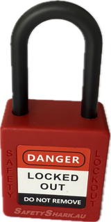 Red safety lock with black shackle labeled 'Locked Out Do Not Remove' on a white background