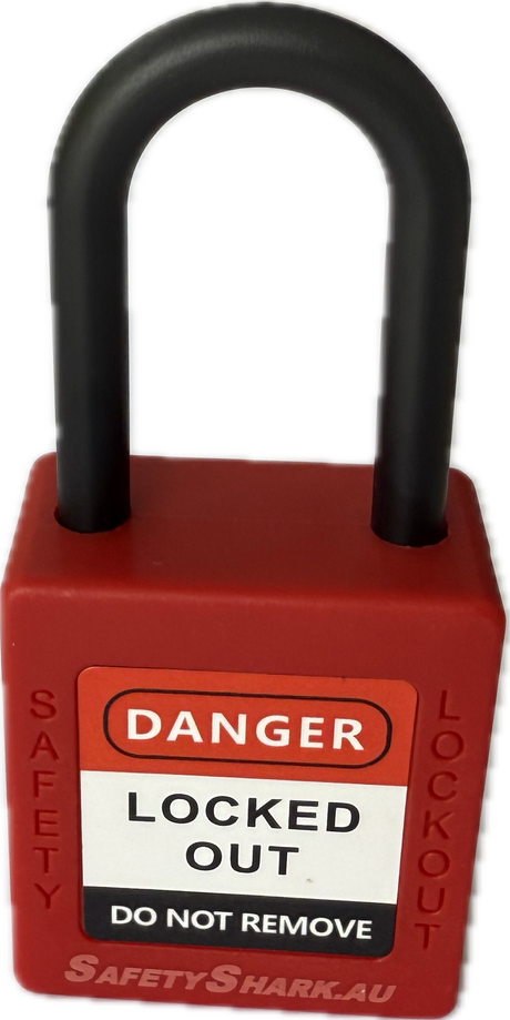 Red safety lock with black shackle labeled 'Locked Out Do Not Remove' on a white background