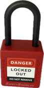 Red safety lock with black shackle labeled 'Locked Out Do Not Remove' on a white background