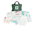 First aid kit with various supplies on a white background