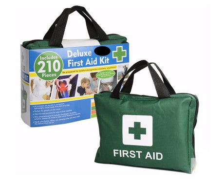 Green first aid kit with 'First Aid' label and packaging indicating 210 pieces on a white background.