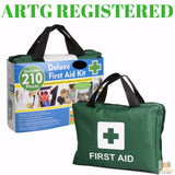 Green first aid kit with carrying handle and visible 'First Aid' label, including packaging with text 'ARTG REGISTERED'.