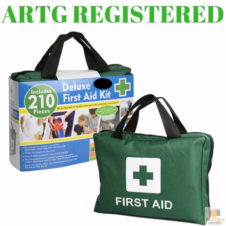 Green first aid kit with carrying handle and visible 'First Aid' label, including packaging with text 'ARTG REGISTERED'.